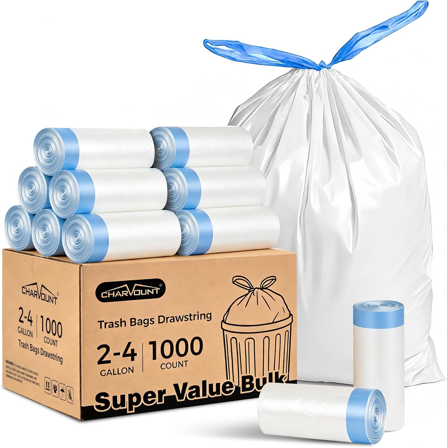 Charmount Small Trash Bags 4 Gallon, 200 Count Drawstring Mini Garbage Bags, Plastic Trash Can Liners for Bathroom Accessories, Bedroom, Dorm Room Essentials, Office