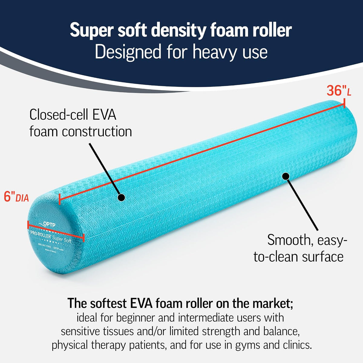 OPTP PRO-Roller Super Soft Density Foam Roller – Round, Light Blue, 36"x 6"