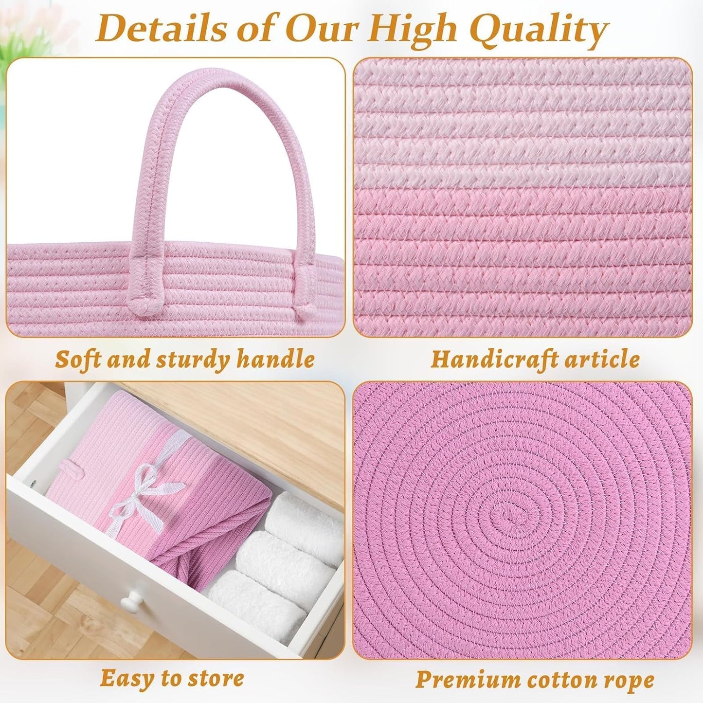 67L Large Woven Blanket Basket, Cotton Rope Baby Laundry Hamper with Handles, Kids Toy Basket for Classroom & Nursery, Soft Round Stuffed Animal Storage, Dog Toy Bin - 20"x13", Pink