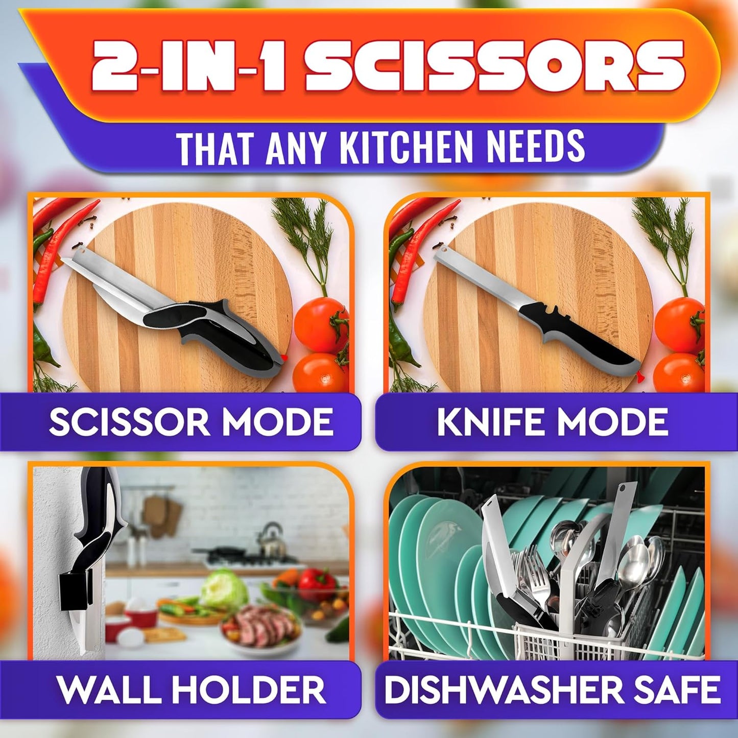 2 in 1 Kitchen Scissors for Food – Stainless Steel 9.5" Tomato Knife Chops Vegetables, Fruit, Cheese, Meat in Seconds | Dishwasher Safe Cutting Board Scissors with Safety Lock – Kitchen Gift for Dad