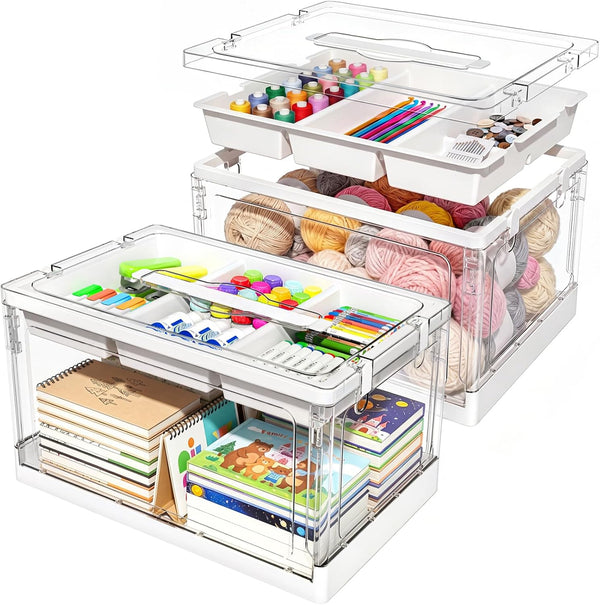 24QT 2Packs Clear Craft Organizers and Storage with Trays, Art Supply Organizer and Storage, Craft Storage Box with Lid for Beads, Markers, Coloring Books, Sewing, Playdoh and Tools