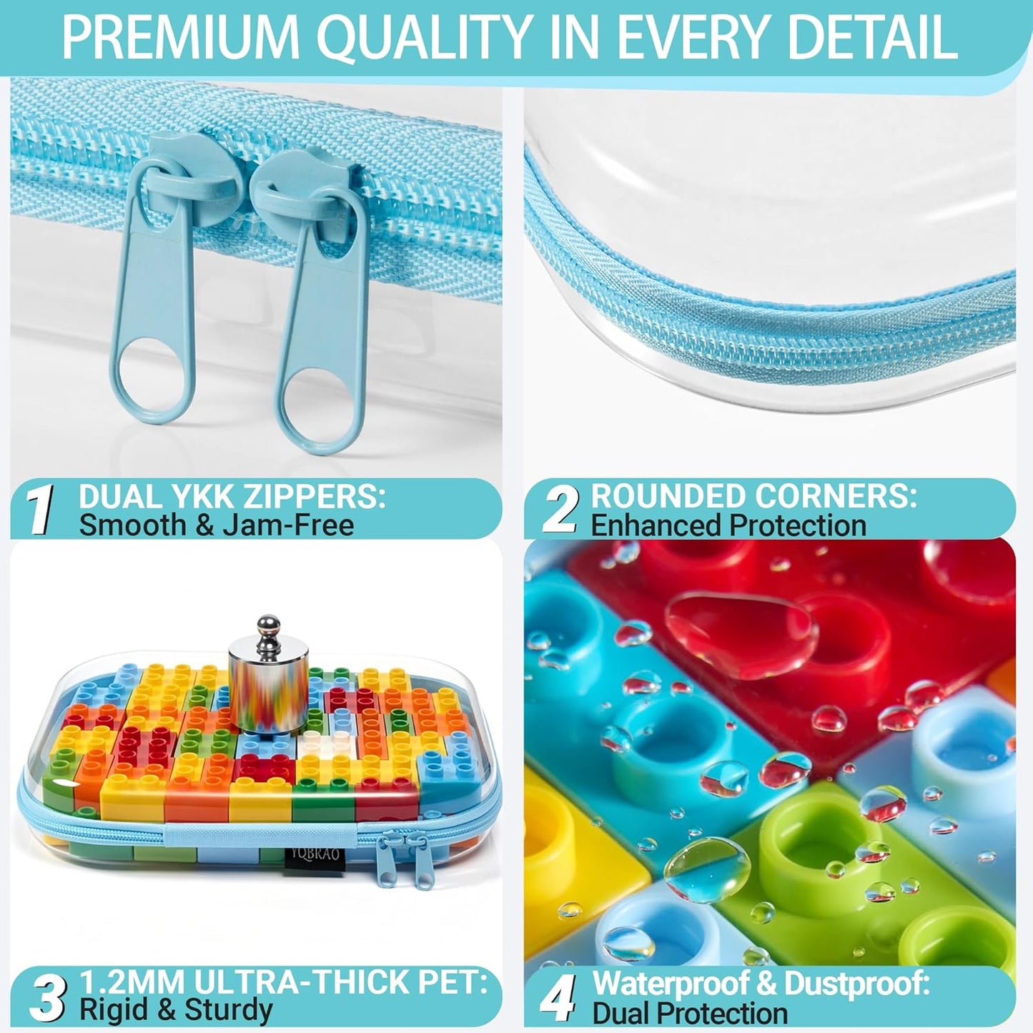 YQBRAO 3-Pack Clear Hard Shell Zipper Case - Blue Edition, 1.2mm Heavy-Duty Crush-Proof Travel Makeup Bag, TSA Approved Clear Zipper Pouches, Rigid Diaper Bag Organizer for Tech & Daily Essentials