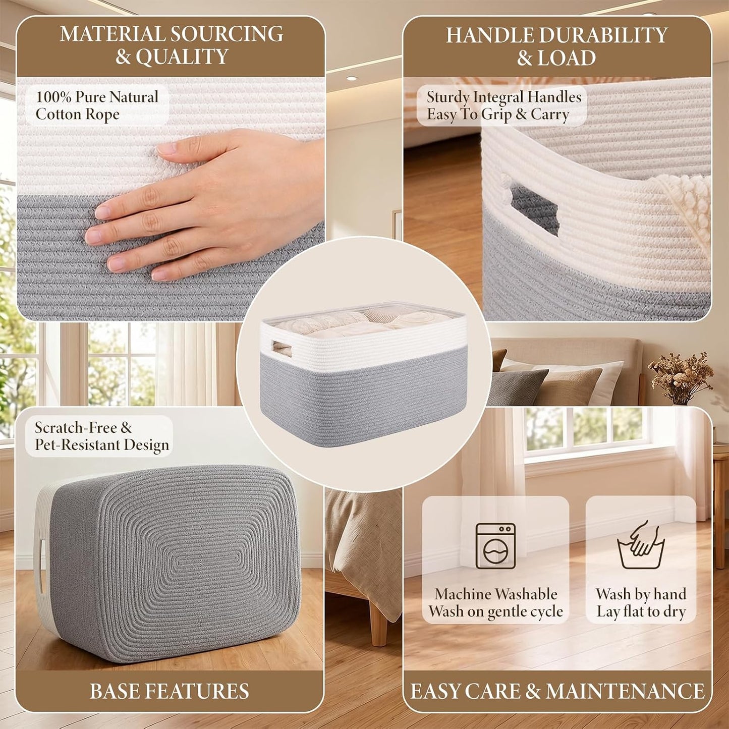 75L Large Cotton Rope Basket, Soft Toy Storage Bin for Nursery & Living Room, Decorative Blanket Basket for Bedroom, Baby-Safe Organizer for Pillows &Laundry, 22''×17''×12'', Grey and White