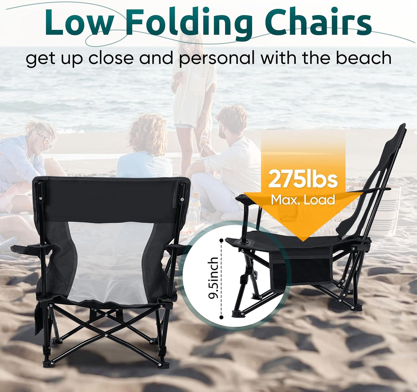 HaSteeL Folding Beach Chair Set of 2, Foldable Black Camping Chairs for Outside, Low Beach Chair Portable for Adults Fishing, Picnic, Outdoor BBQ, Travel, Sports, Cup Holder & Storage Bag