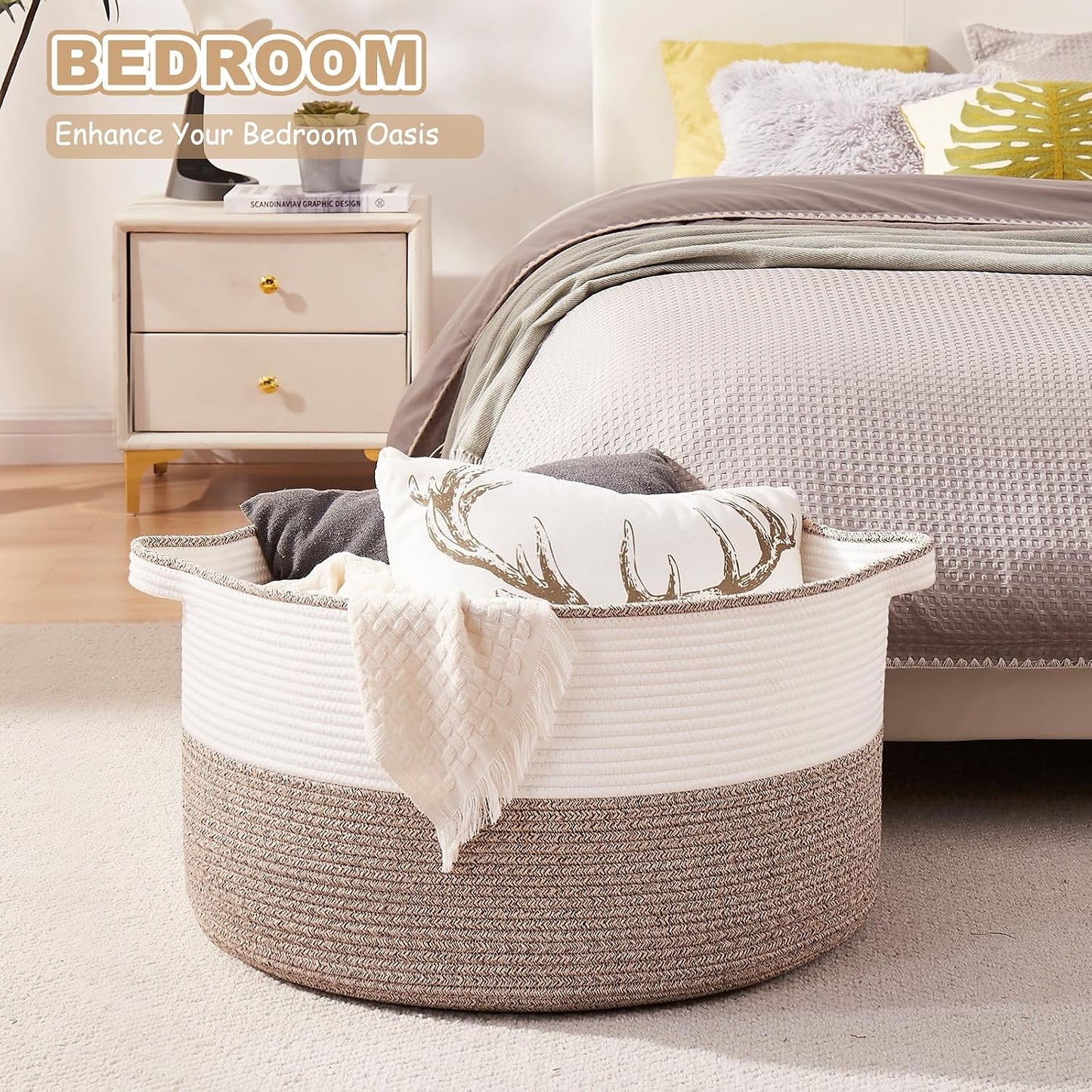 OIASKET Large Blanket Basket with Handles, 22.8" x 22.8" x 13" Woven Storage Basket for Living Room, Cotton Rope Baby Toy Storage for Clothes, Pillows, Towels-Brown & White