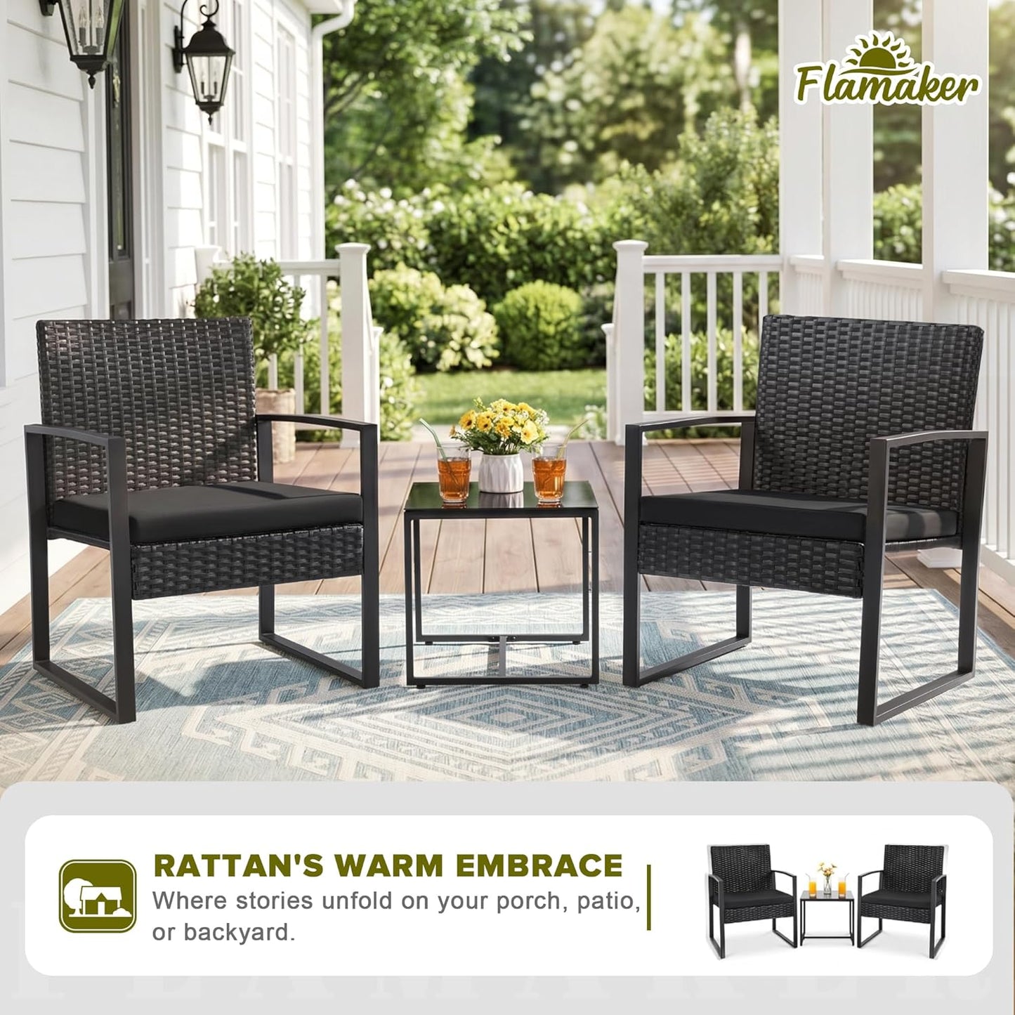 Flamaker 3 Pieces Outdoor Patio Wicker Furniture Set, Modern Rattan Chair Conversation Sets with Coffee Table for Yard and Bistro (Black)