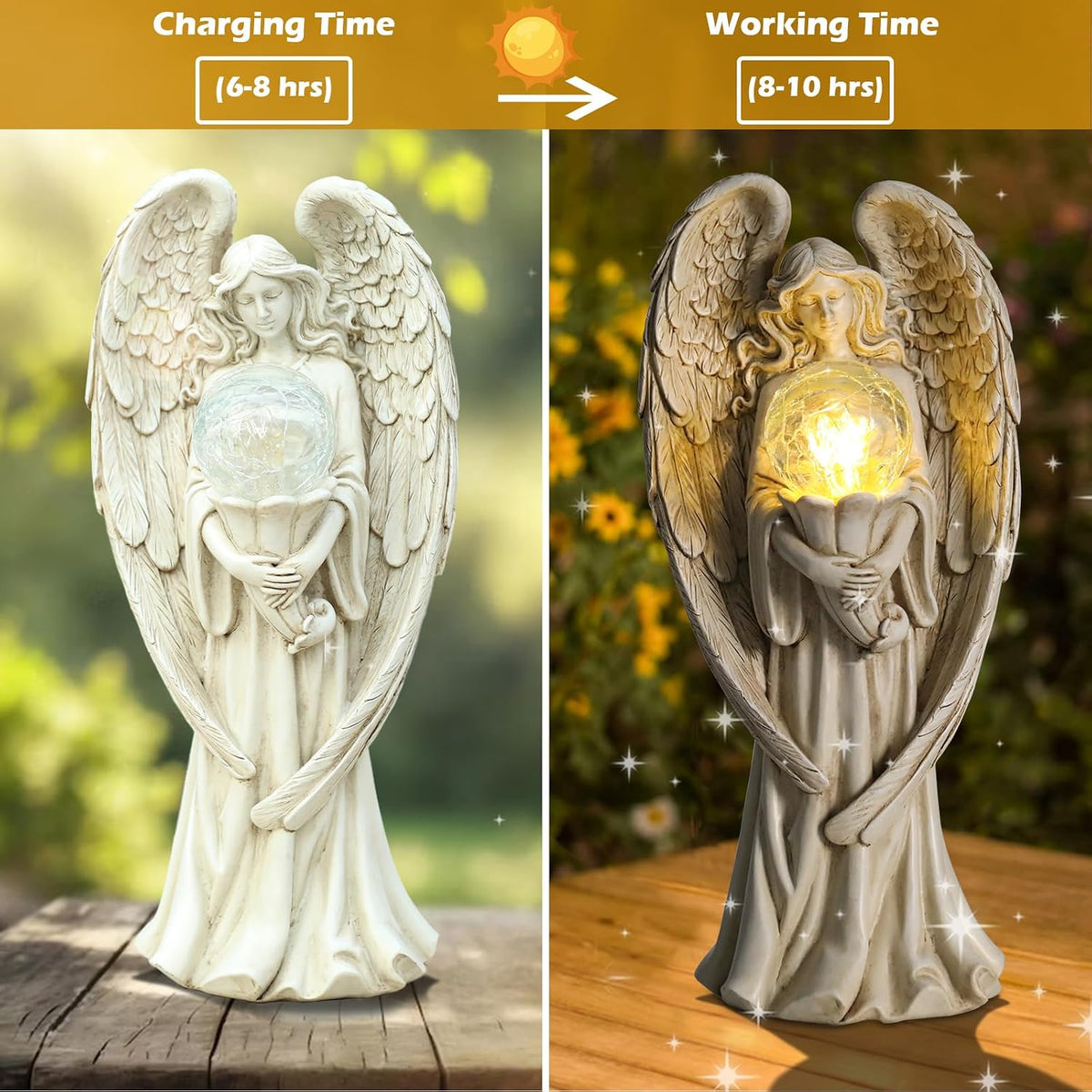 Garden Angels Outdoor Statue, Solar Angel with Crackled Glass Globe Outdoor