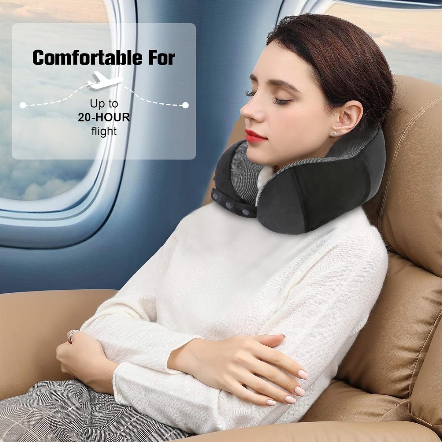 Cirorld Neck Pillow for Traveling, Travel Pillows for Airplanes,100% Pure Memory Foam Travel Neck Pillow, Adjustable Flight Pillow, Portable Plane Accessories with Eye Mask, Earplugs, Carry Bag