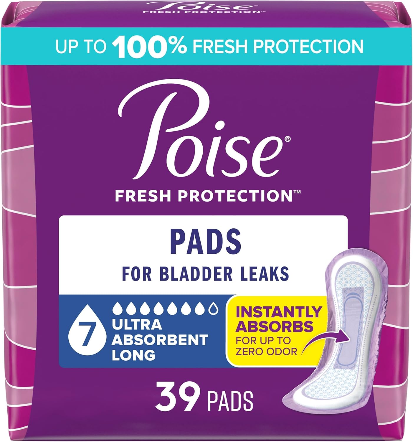 Poise Incontinence & Postpartum Pads for Bladder Leaks, 7 Drop Ultra Absorbency, Long Length, 39 Count, Packaging May Vary