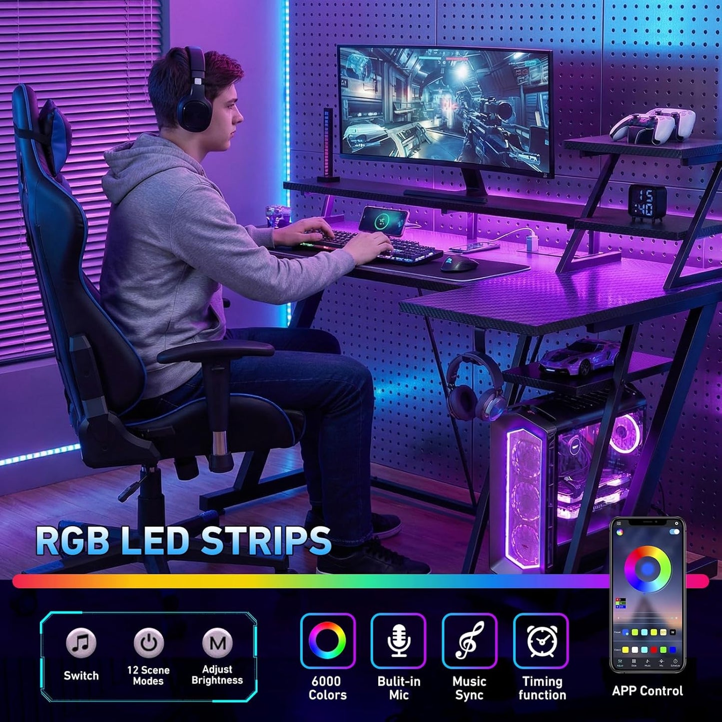 Korfile 40 Inch Gaming Desk with LED Lights & Power Outlet, L Shaped Computer Gaming Table with Storage Shelves, Reversible Corner Desk with Monitor Stand for Home Office, Carbon Fiber Black