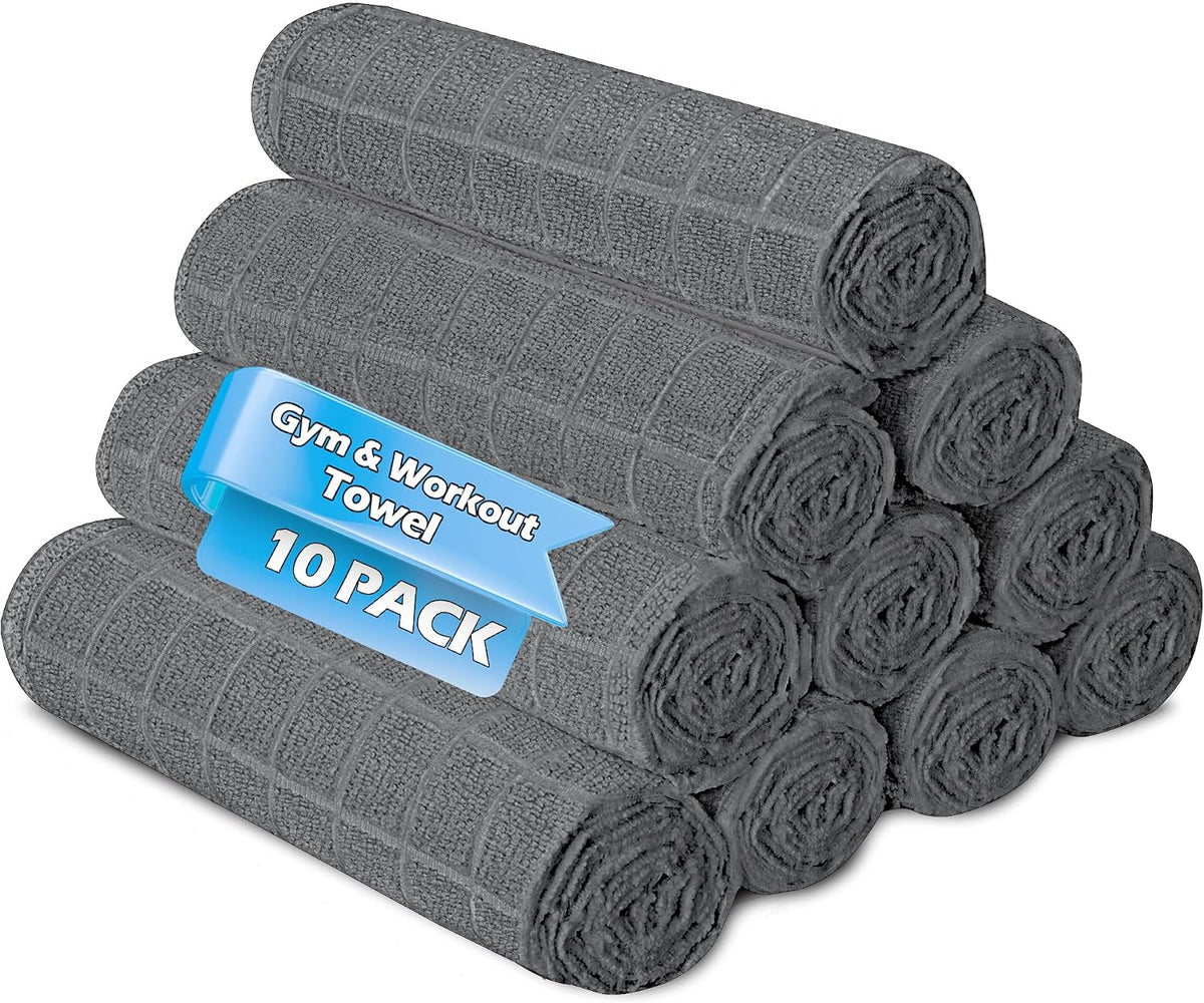 HOMERHYMRE Microfiber Workout Towels, 10 Pack Grey Gym Sweat Sports Towel for Yoga, Tennis, Running, Exercise, Working Out, Camping, Quick Dry, Highly Absorbent, for Women & Men, 16 x 27 Inch