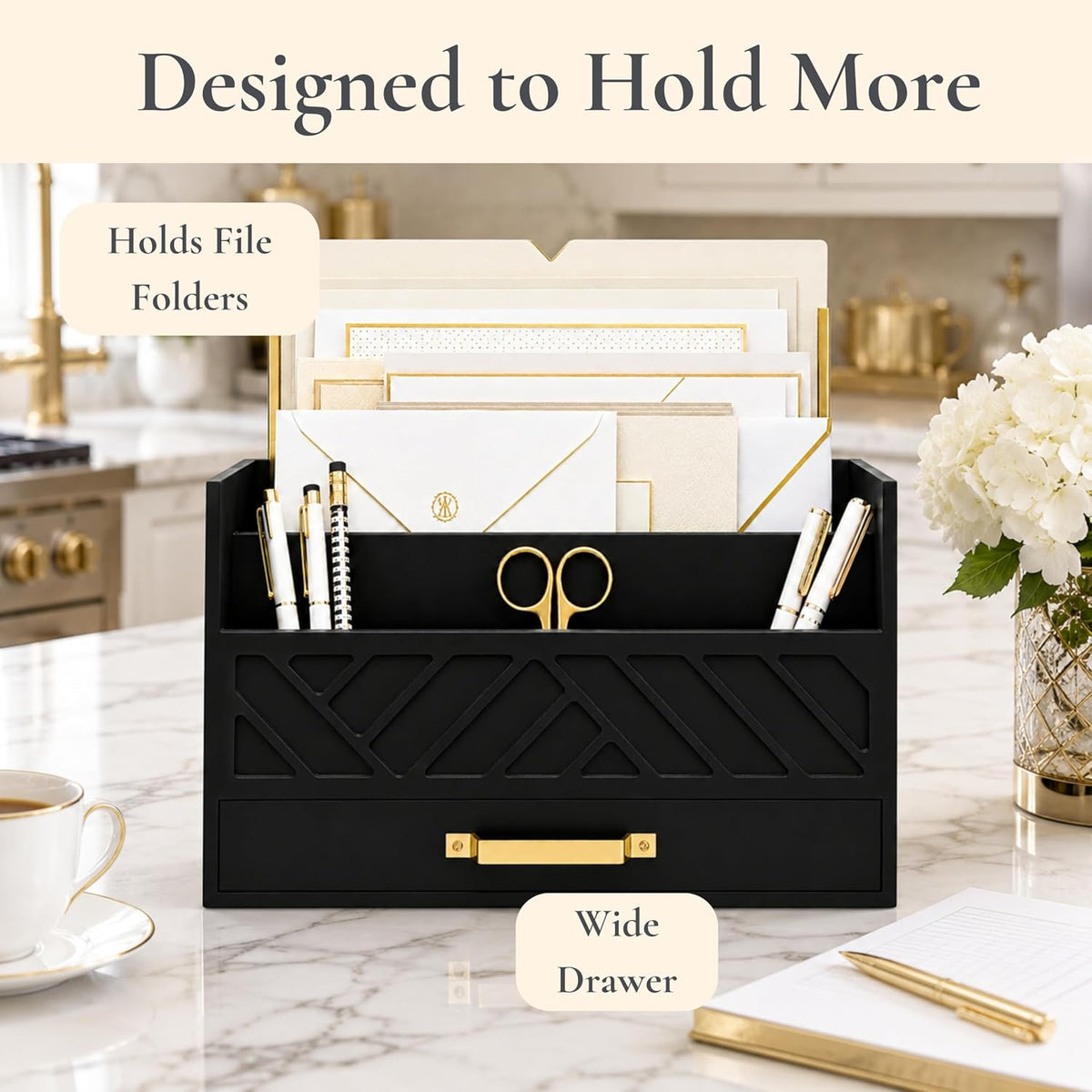 BLU MONACO | Wooden Mail Organizer with Drawer and Gold Handle | Mail Sorter Organizer Countertop for Desk | Outgoing Mail Holder and Letter Sorter for Desk Storage