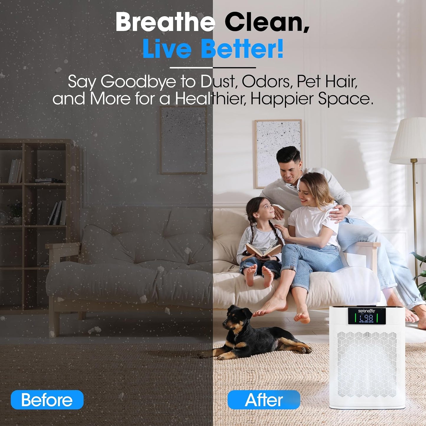 SereneLife Air Purifier for Home - Smart Room Air Purifier with Sleep and Automatic Modes, WiFi and App Control, Ultra Quiet, Removes Dust, Pet Hair and Odor for Large Rooms up to 1,076 Sq Ft (White)