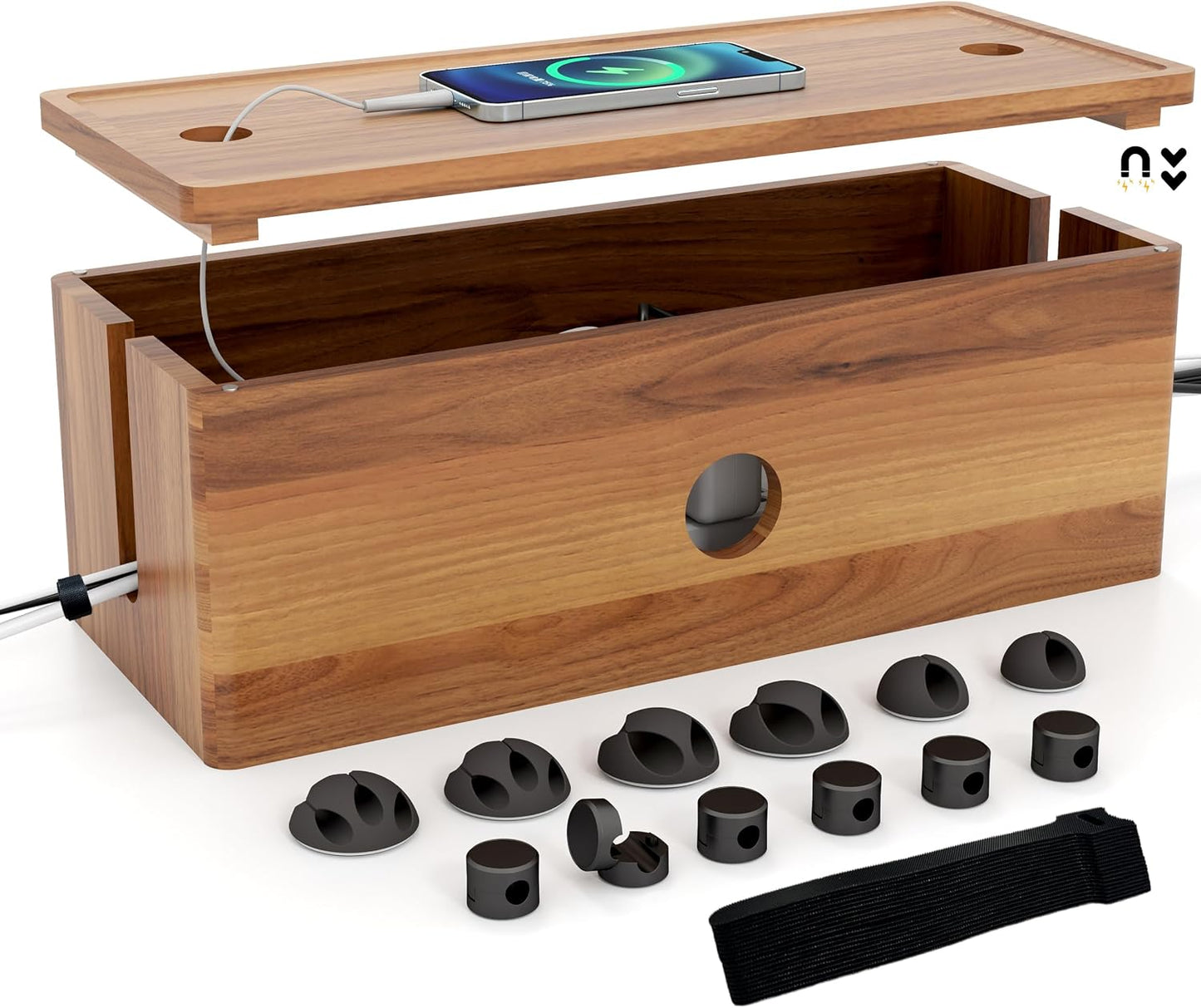 Large Cable Management Box Acacia Wood Cord Organizer Power Strip & Cables | Acacia Wood Cable Hider; Large Electrical Cord Storage; Hide TV Wires & Power Strips; Rustic Style; Home Office & Living Room
