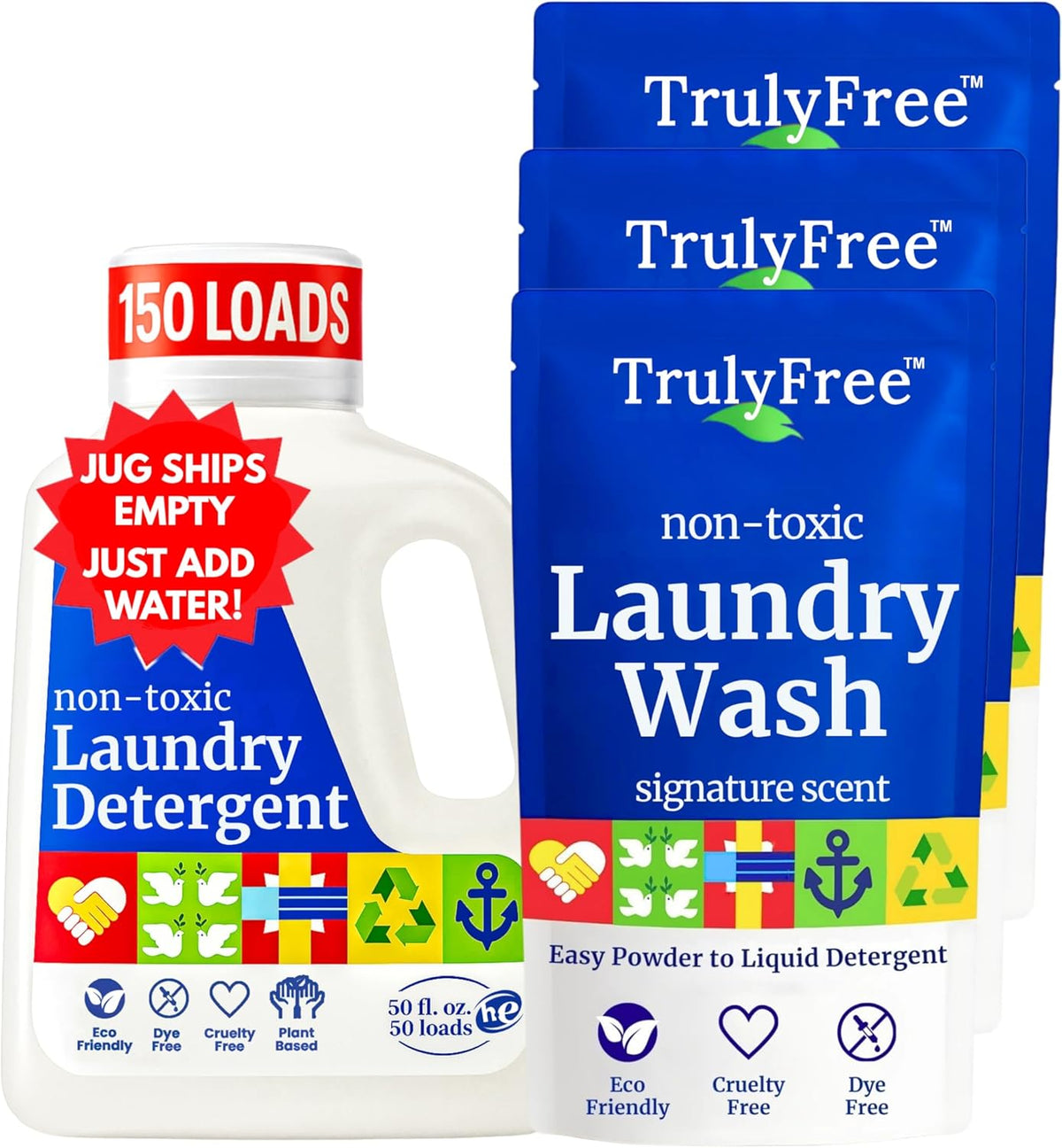 Truly Free Natural Laundry Detergent - 3 Pack + 1 Refillable Jug, 150 Loads