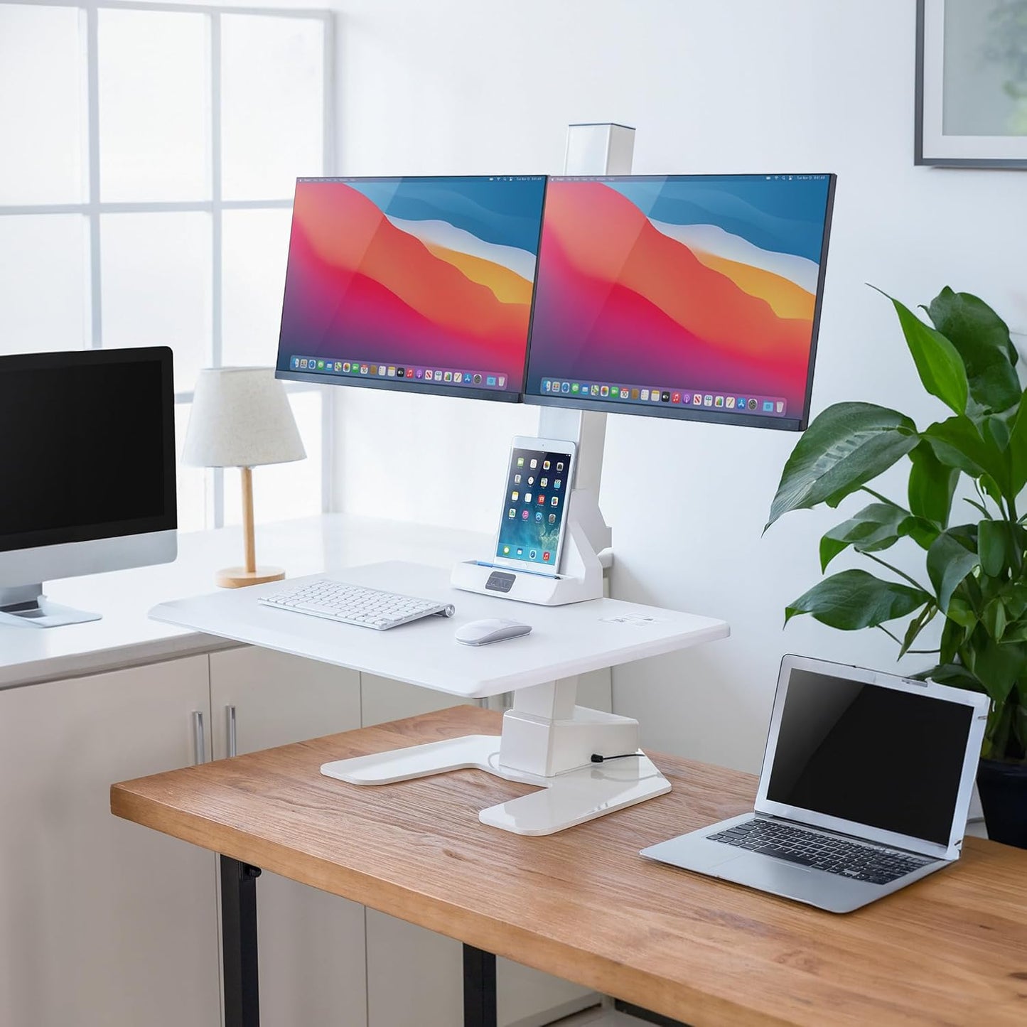 Mount-It! Electric Standing Desk Converter, Motorized Sit Stand Desk Riser with Dual Monitor Mounts, Adjustable Height Ergonomic Workstation with 28” Wide Platform and Tablet/Phone Slot, White
