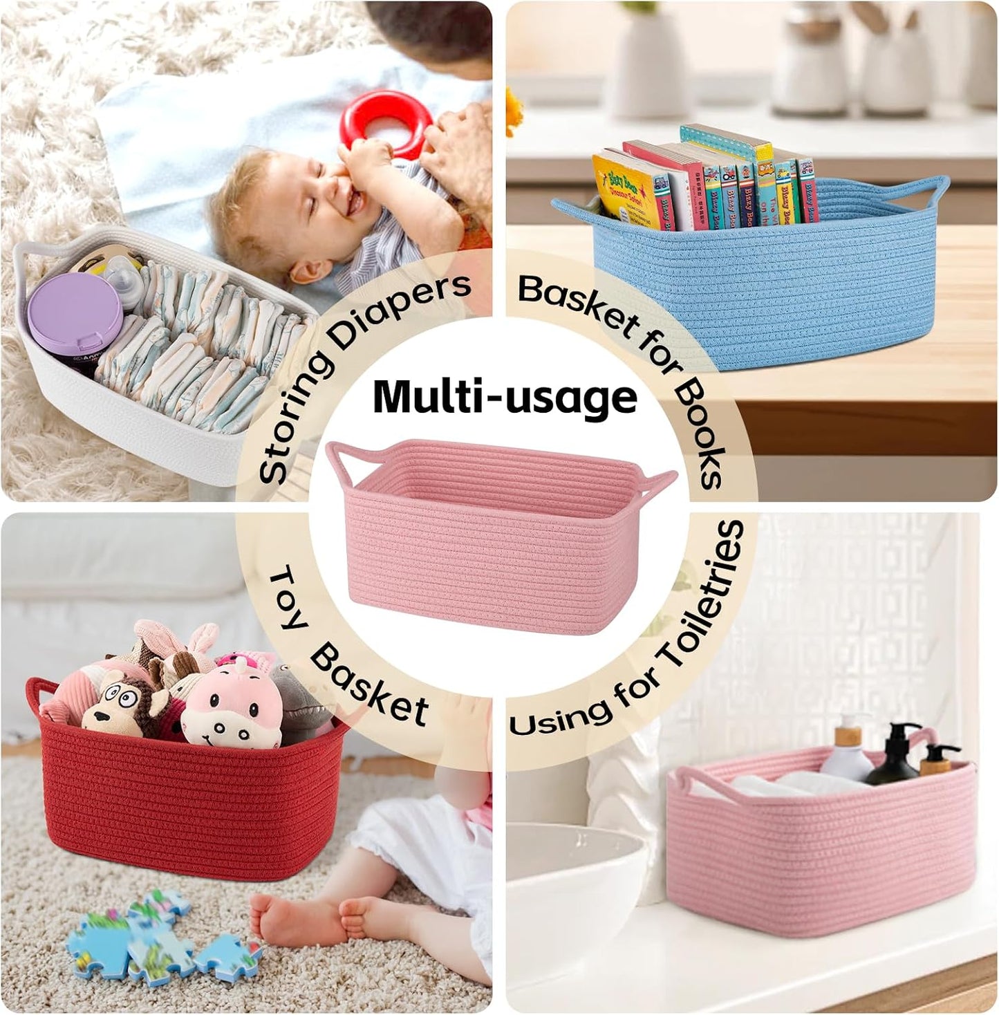 OIAHOMY Woven Basket, Gift Basket Empty with Gift Bags and Ribbons, Rope Baskets for Baby Showers, Storage Baskets with Handles for Nursery, Pet Toy Organizer - Red