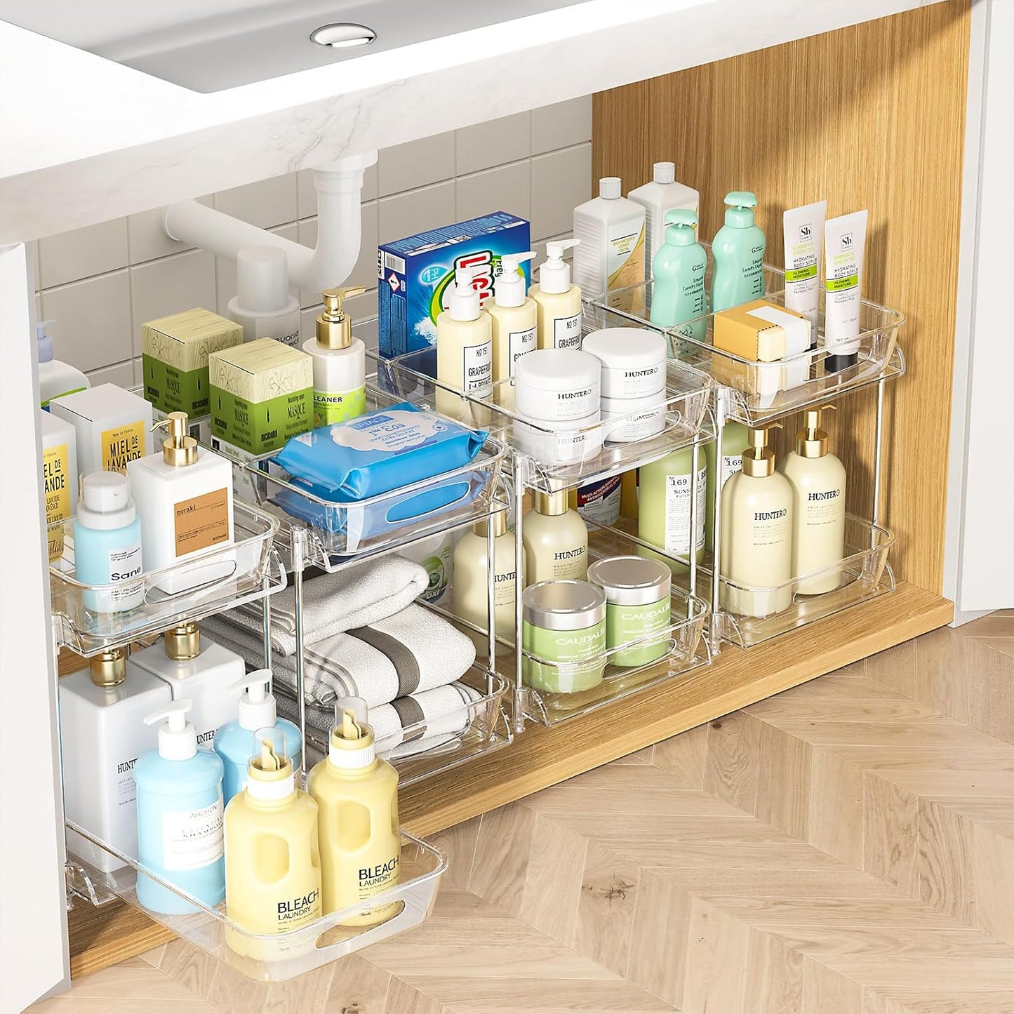 Sevenblue Under Sink Organizer, Bathroom Organizers and Storage, 2 Tier Multi-Use Pull Out Cabinet Organizer with Hang Hooks and Cups (transparent, 4 Pack)