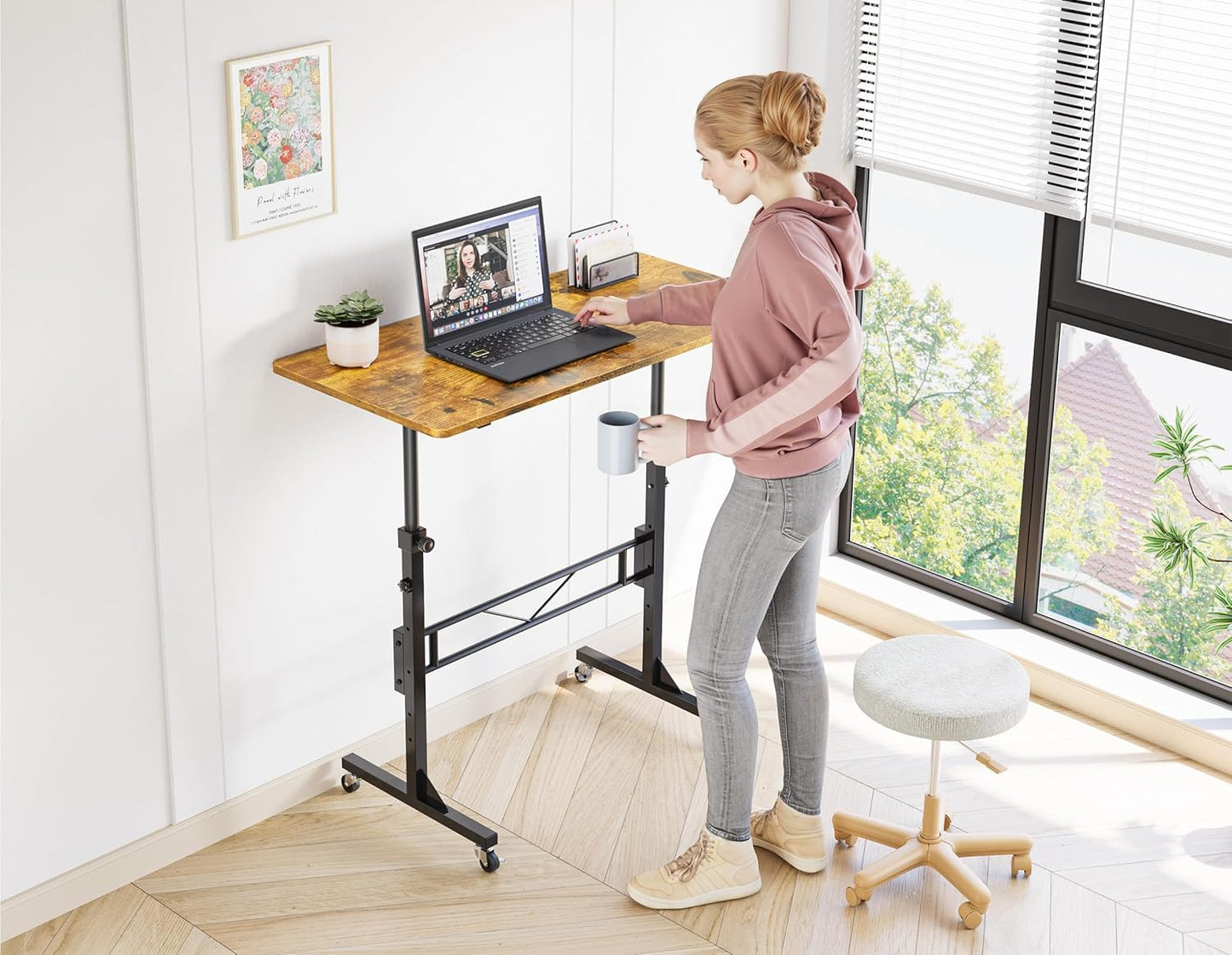 HOMIDEC Standing Desk, 32 Inch Portable Small Desk Adjustable Height, Rolling Home Office Desks with Wheels, Sit Stand Desk for Bedroom Walking Pad Home Office Small Space, Rustic
