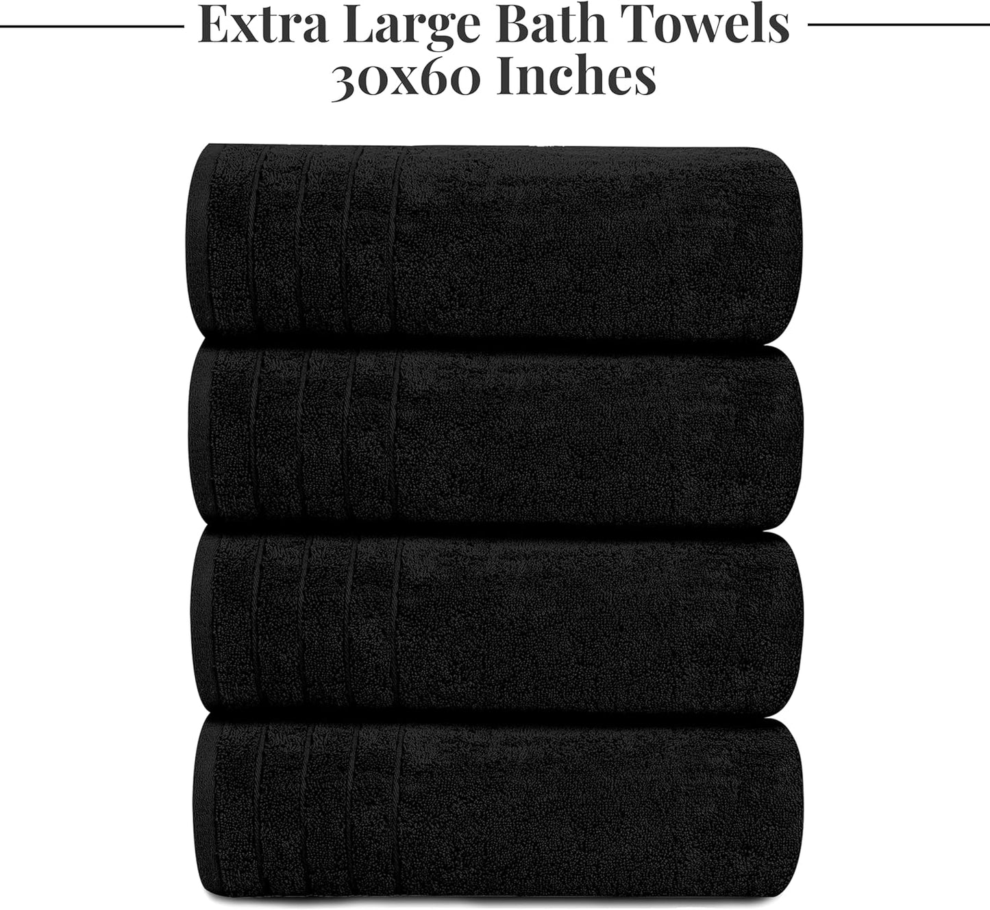 Tens Towels Pack of 4 Extra Large Bath Towels 30 x 60 Inches, 100% Cotton, Larger & Lighter Weight, Quicker to Dry, Super Soft and Absorbent, Perfect for Bathroom, Black