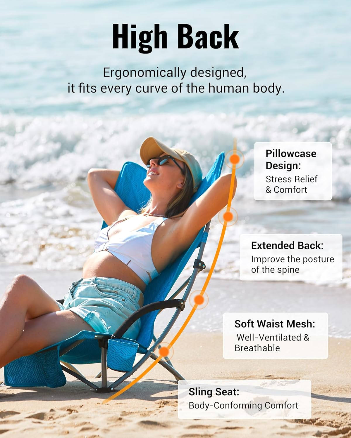 KingCamp Low Beach Chair, High Back Folding Camping Chair for Adults, Oversized Breathable Mesh Seat, 300lbs Heavy Duty Portable Chair with Cup Holder & Storage Pockets for Beach, Outdoor