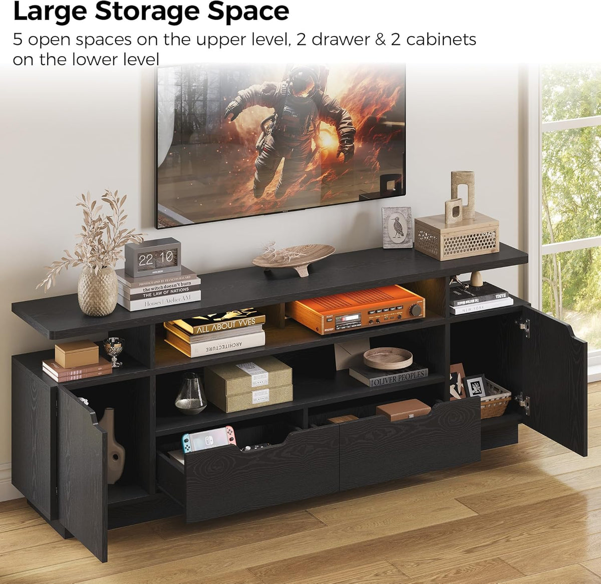 IRONCK TV Stand for TVs up to 85", LED Lights and Power Outlets, Black