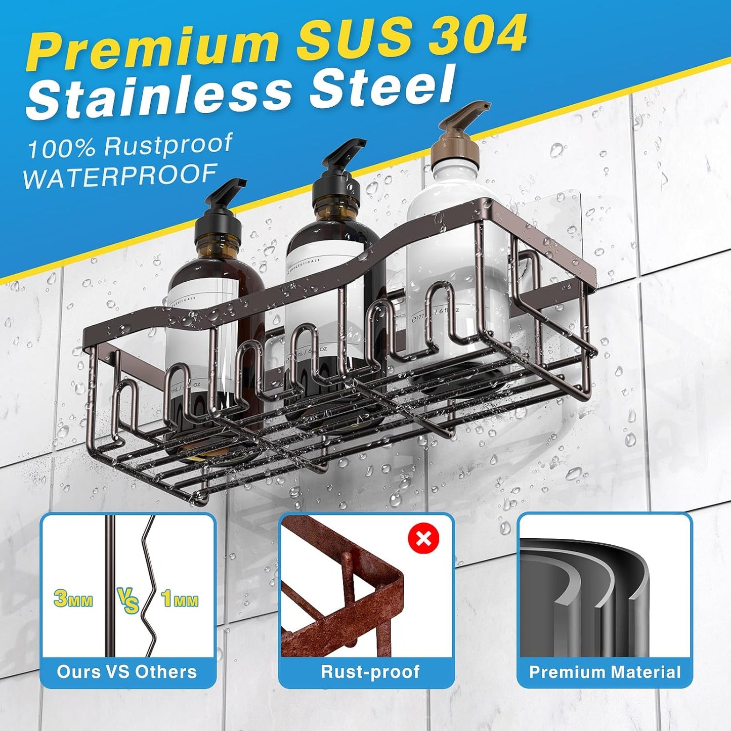 5-Pack Shower Caddy, No Drill Adhesive Shower Organizer, Rustproof Stainless Steel Bathroom Organizer, Space-Saving Bathroom Shelves for Apartment Essentials, Kitchen Storage Home Decorr-Larger