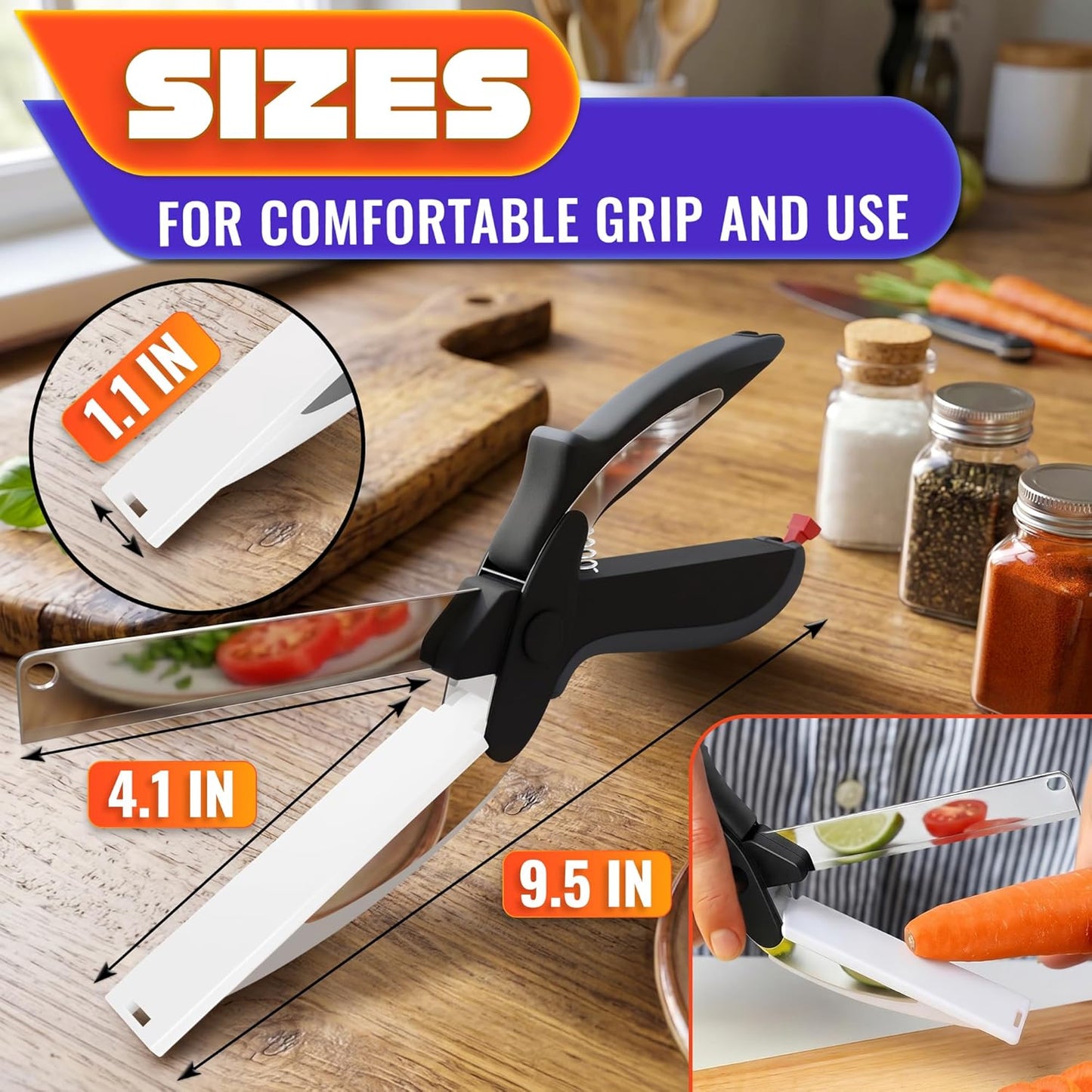 2 in 1 Kitchen Scissors for Food – Stainless Steel 9.5" Tomato Knife Chops Vegetables, Fruit, Cheese, Meat in Seconds | Dishwasher Safe Cutting Board Scissors with Safety Lock – Kitchen Gift for Dad