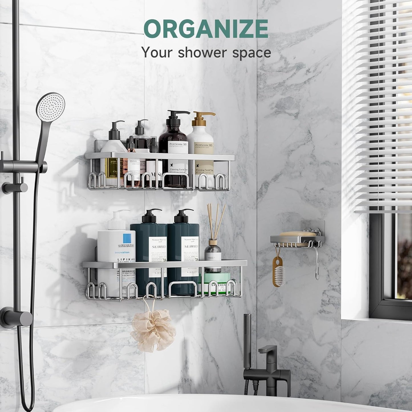 Veken Shower Caddy 3-Pack, Advanced Rustproof Design, No Drilling Adhesive Shelves, Rack with Soap Holder, Large Capacity Bathroom Organizers and Storage, Wall-Mounted Kitchen & Home Decor