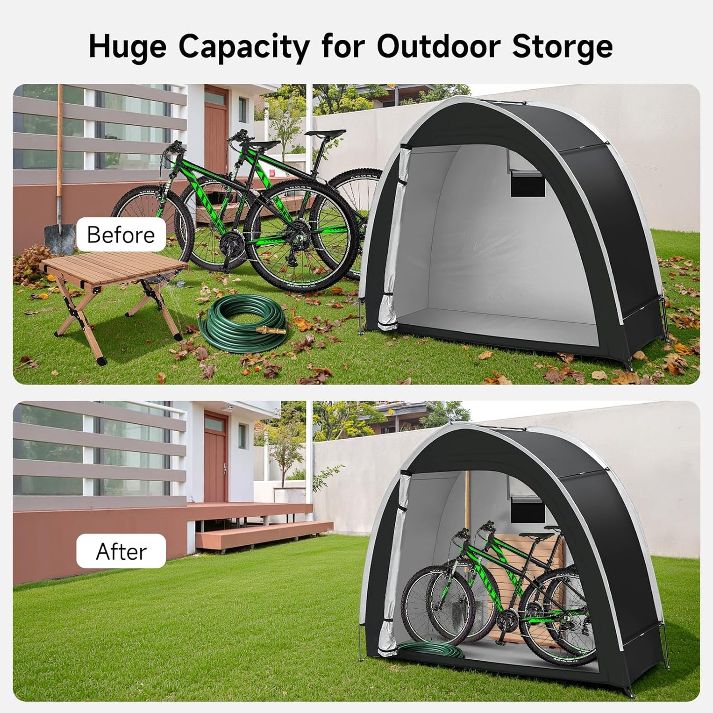 Bike Storage Tent for Outdoor, 2 Bike Capacity with Extra Top Space, PU5000 Waterproof 210D Oxford Fabric with Taped Seams, Portable Floor Storage Shed for Bicycle, Motorcycle & Garden Tools, etc
