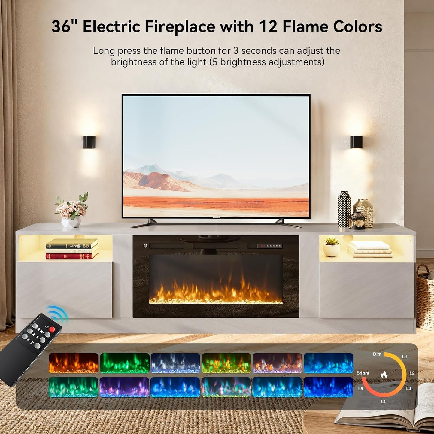 80” TV Stand with 36” Electric Fireplace, Large Modern Media Entertainment Center with Storage Cabinet and 12 Colors LED Lights for TVs Up to 90",Grey and Black