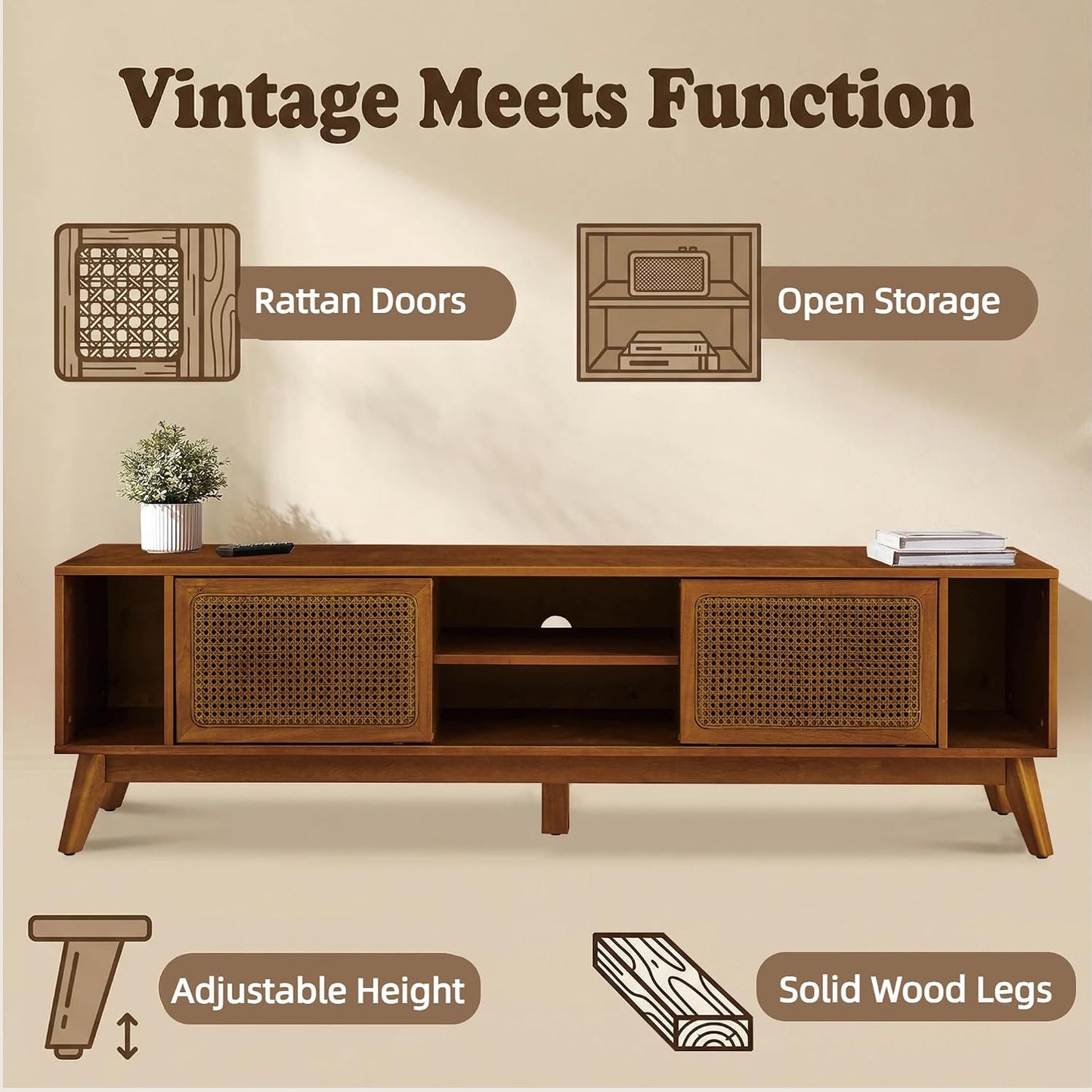 LKTART 68" Mid Century Modern TV Stand,Rattan Media Console for Living Room | Real Wood Veneer Entertainment Center,Long Boho Media Console Mid Century TV Stand for 60/65/70/75 inch TVS,Light Walnut