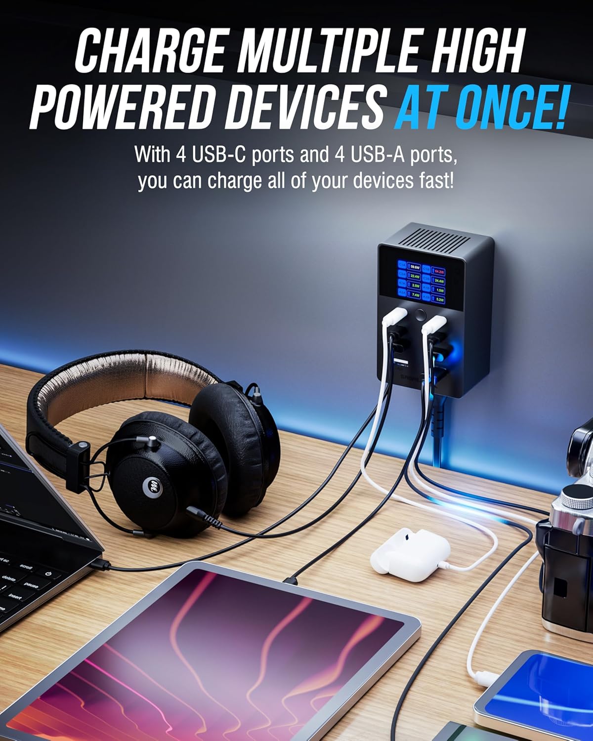 SABRENT VOLTIK Charging Station, 252W 8-Port USB C and USB A Desktop Charger, UL Certified with Real-Time LCD Display, Fast Charging for MacBook, iPhone, Samsung and More