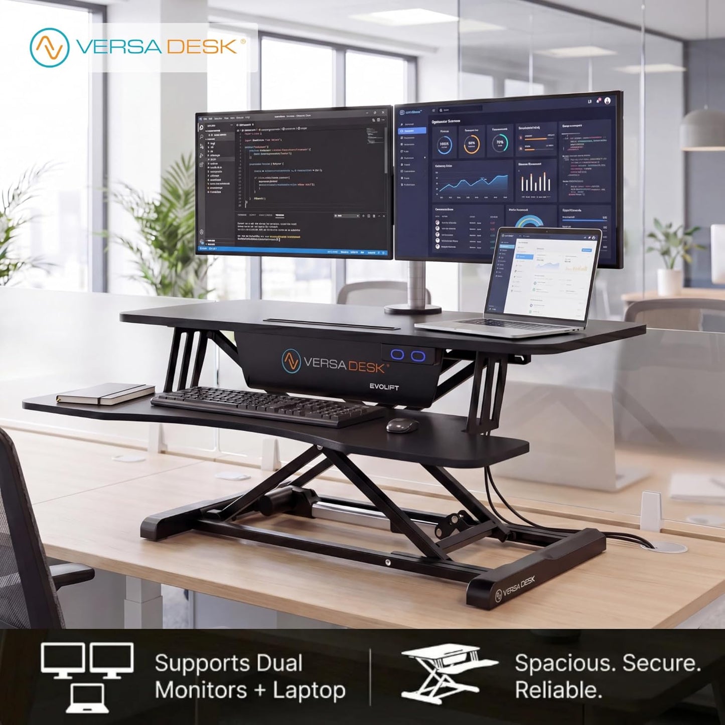 VERSADESK EvoLift 32" Electric Standing Desk Converter, Sit to Stand Motorized Desk Riser, 1-Button Easy Lift, Dual Monitor Workstation, Wide Keyboard Tray, Built-in Device Stand, Black