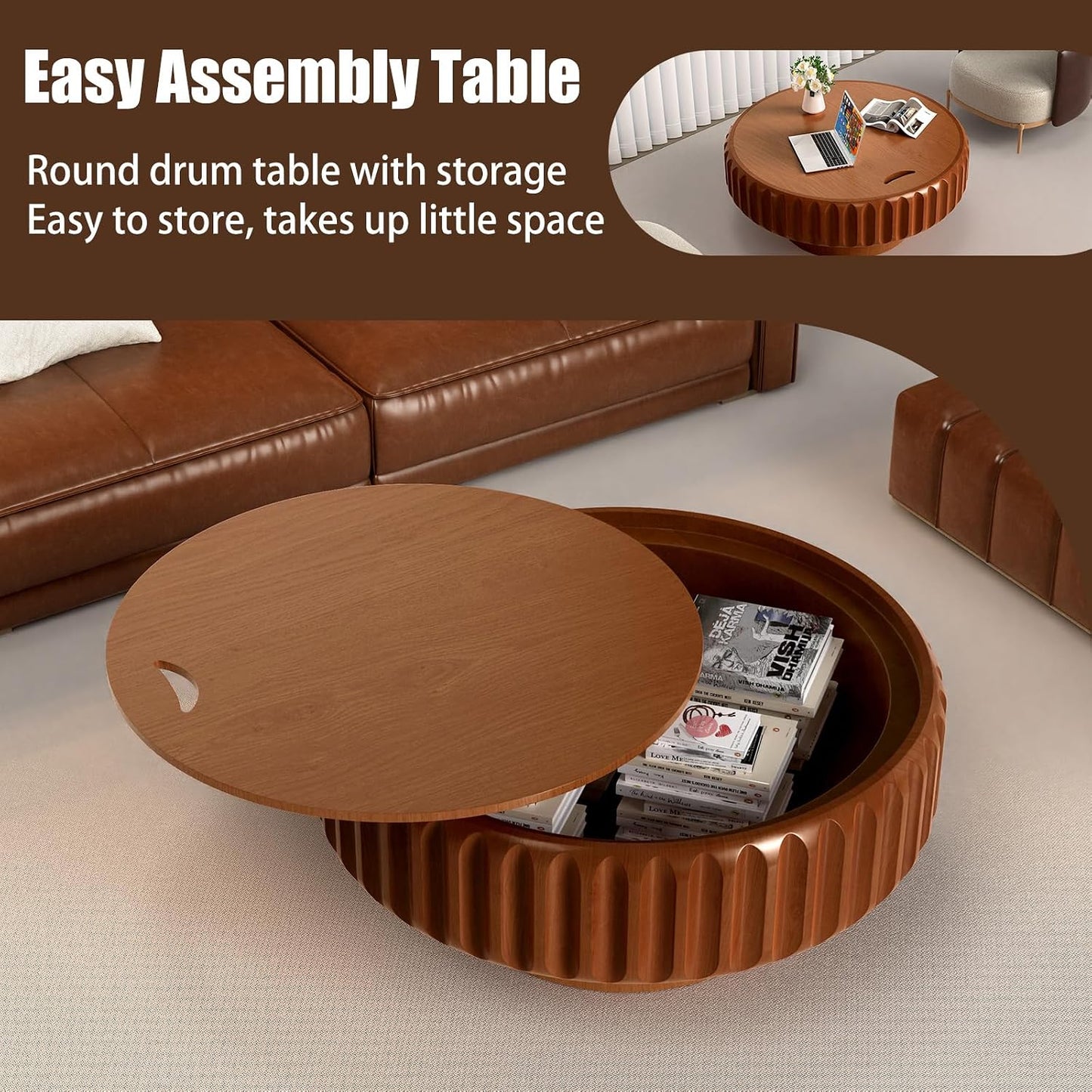 31.5" Round Fluted Coffee Table with Hidden Storage (31.5" Brown) | Round Wooden Coffee Table with Solid Wood Veneered, Gear Center Table, Drum Tea Table for Living Room Apartment