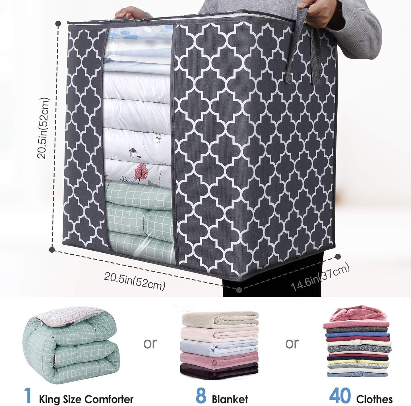 WISELIFE Storage Bags 3 Pack/100L Large Blanket Clothes Organization and Storage Containers for Comforters,Bedding, Foldable Organizer with Reinforced Handle, Clear Window, Sturdy Zippers,Gray