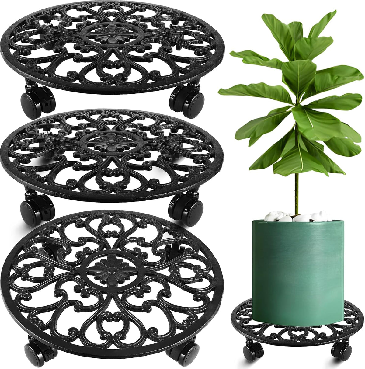 3 Pack 14 In Rolling Plant Stand with Wheels Metal Plant Caddy with Wheels