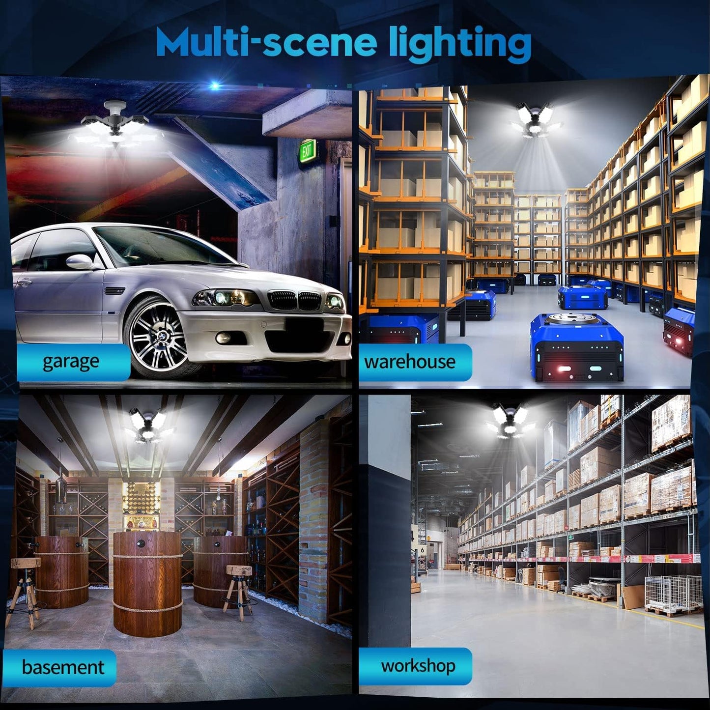 TANBABY 2 Pack LED Garage Lights, 150W Deformable Garage Light Bulb, Total 30000LM 6500K Daylight, 6+1 Adjustable Panels, E26/E27 Screw-in Ceiling Light for Basement, Gift for Men