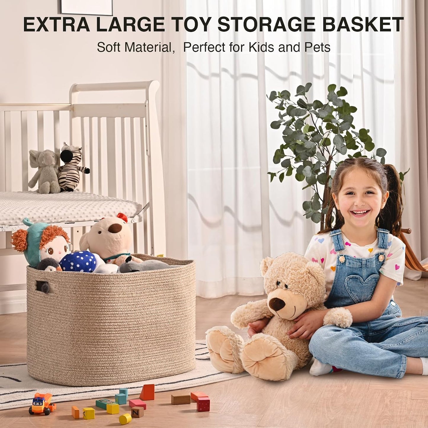 ICERZCZ Large Storage Basket for Organizing, Blanket Basket for Living Room, Large Toy Baskets for Storage, Woven Cotton Rope Baskets for Blankets, Clothes, Shoes, Brown, 25”x16”x16” (105L)