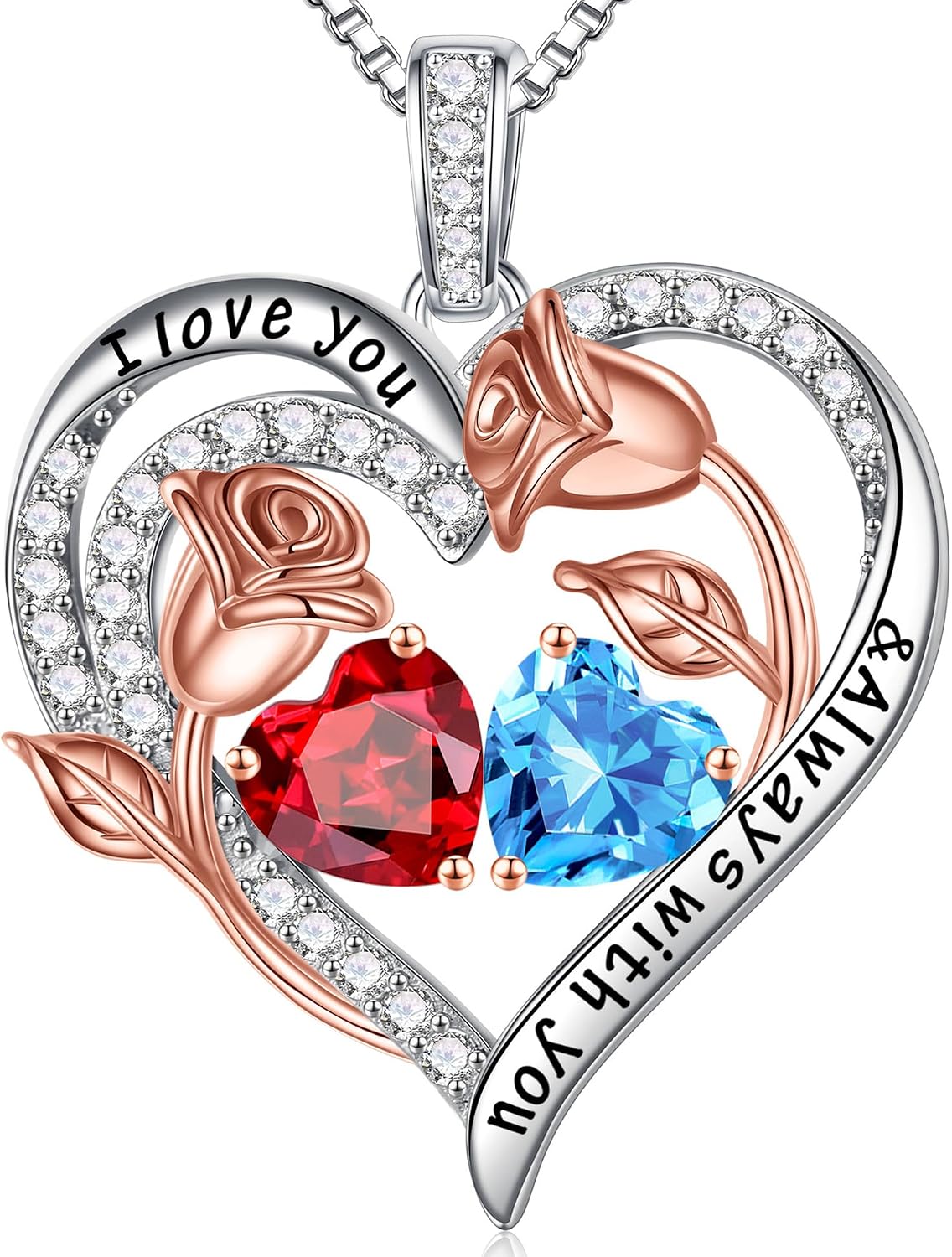 Iefil Birthstone Necklace for Women - Rose Heart Necklace