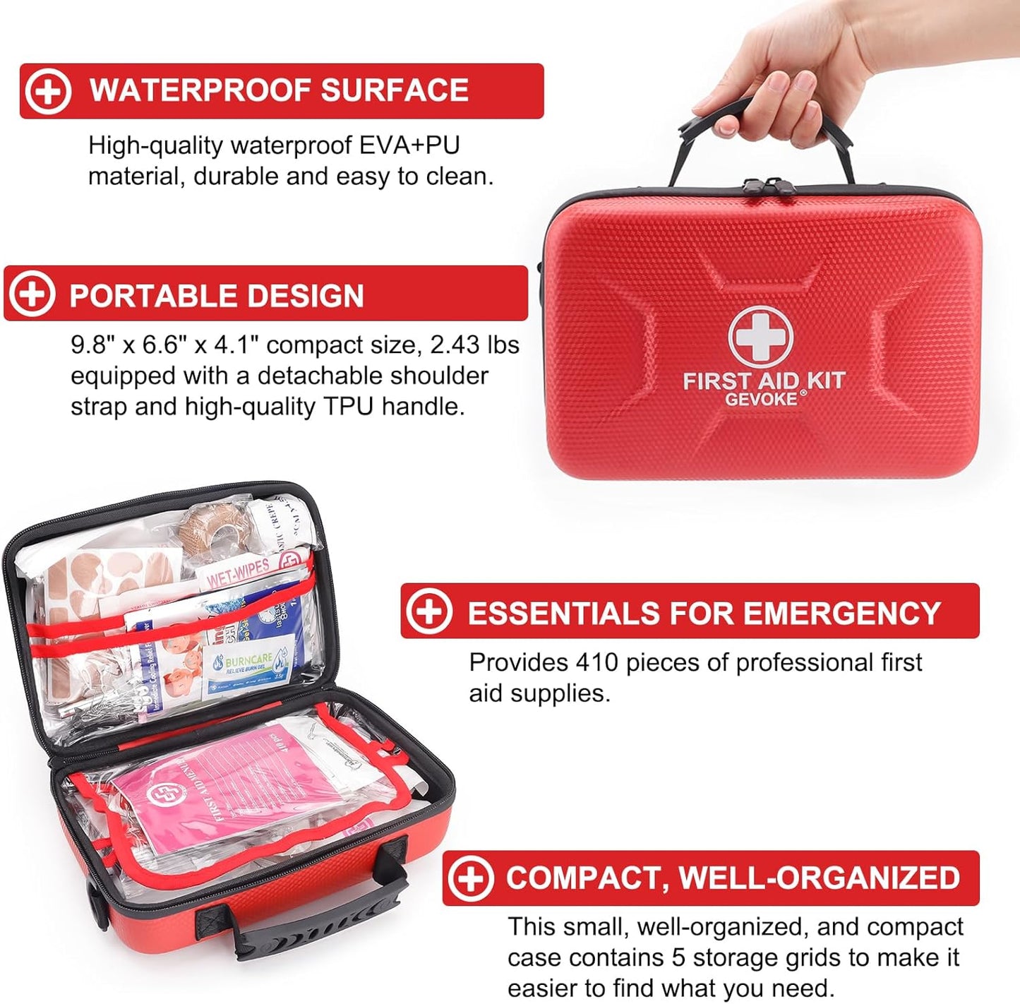 Gevoke 410 Piece Waterproof Hard Shell First Aid Kit for Home, Car, Travel, Camping, Truck, Hiking, Sports, Office, Vehicle & Outdoor Emergencies - Emergency Medical Kits (Red)
