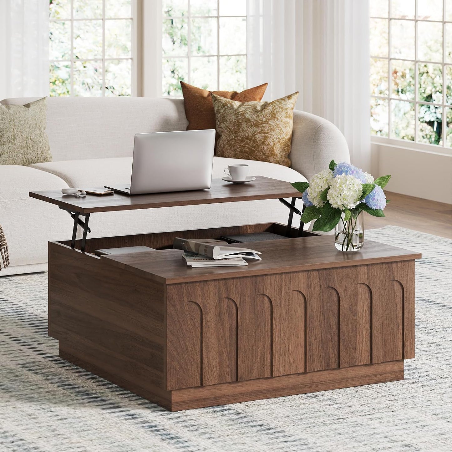FORTUNETEC 31.5" Lift Top Coffee Table with Storage, Arched Design, Walnut | Mid Century Modern Coffee Table, Square Tea Table, Multifunctional Center Table, Wood Grain Texture, Living Room, Office