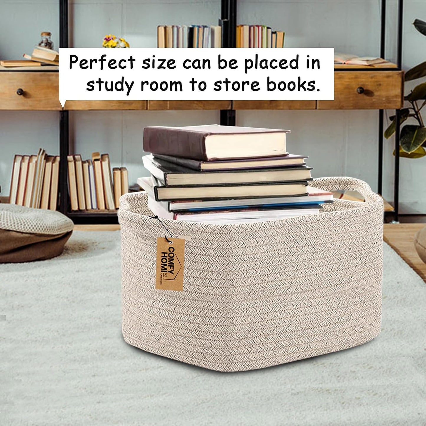 COMFY-HOMI Cotton Rope Woven Basket with Handles for Shelves,Toys,Book, Cloth Storage Baskets Bin for Organizing- 1 PCSToy Decorative Organizer for Living Room, Bathroom