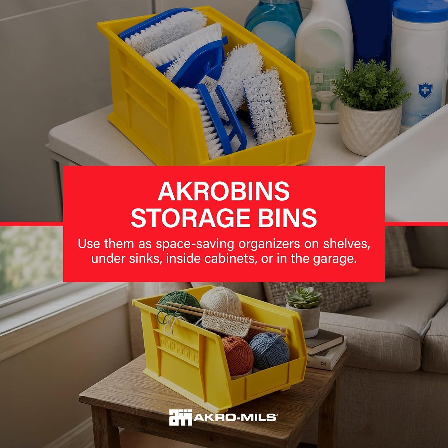Akro-Mils 30240 AkroBins Plastic Storage Bins, 15"x8"x7", Yellow, 12-Pack | Space-Saving Stackable Bins for Garage, Pantry, Craft Organization