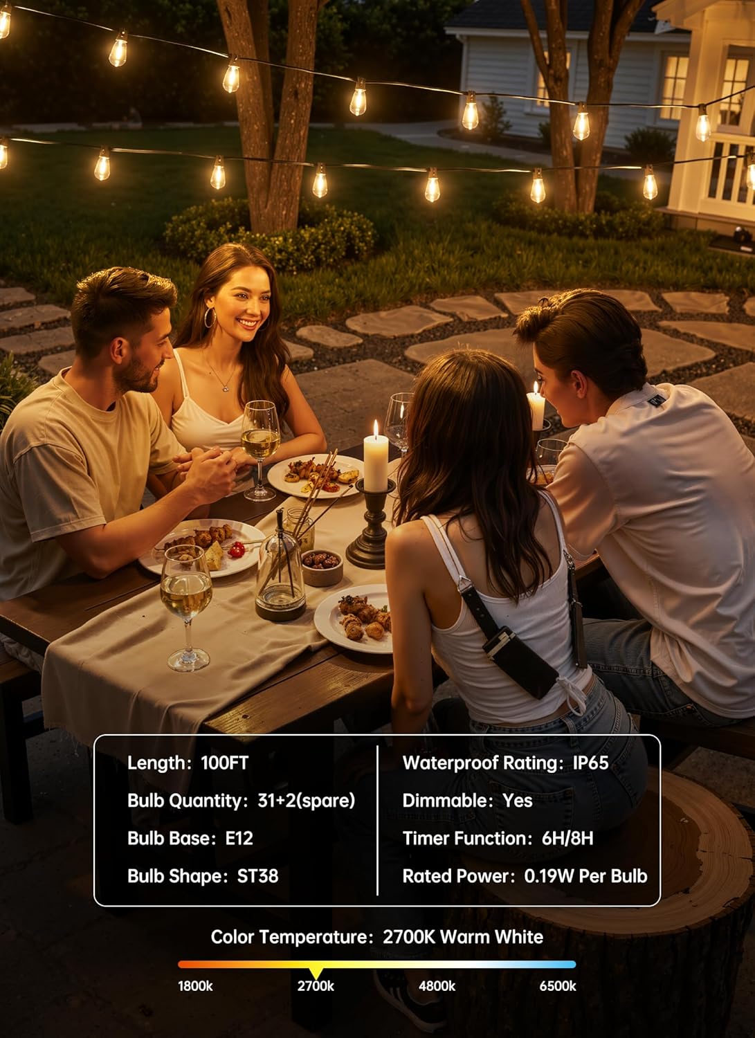 Minetom 100FT Outdoor-String-Lights with Remote, Shatterproof ST38 LED Bulbs, Waterproof Patio Lights with 3 Modes, Dimmable & Connectable 2700K Hanging Lights for Backyard Porch Deck Balcony
