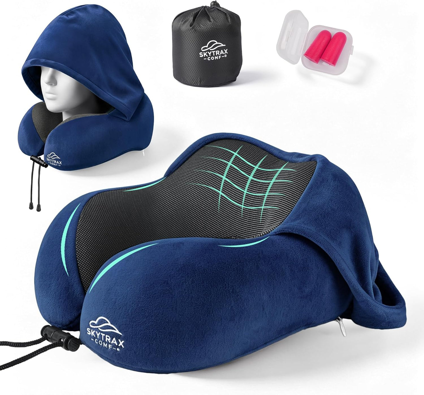 Travel Pillow with Extra Large Hood for Airplane Long Flights Privacy and Comfort Memory Foam with Velvet Cover for Road Trip Head&Neck Support for Plane Office Cars Sleeping & Rest (Navy Blue)