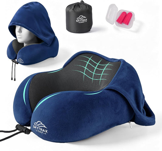 Travel Pillow with Extra Large Hood for Airplane Long Flights Privacy and Comfort Memory Foam with Velvet Cover for Road Trip Head&Neck Support for Plane Office Cars Sleeping & Rest (Navy Blue)