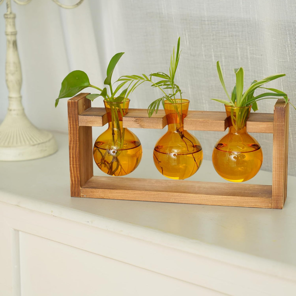 Kingbuy Glass Plant Terrarium Propagation Station - 3 Bulb Colored Vases with Retro Wood Stand Indoor Garden Planter - Wall Mount Desktop Decor for Home Kitchen Wedding, Plant Lover Gift, Amber