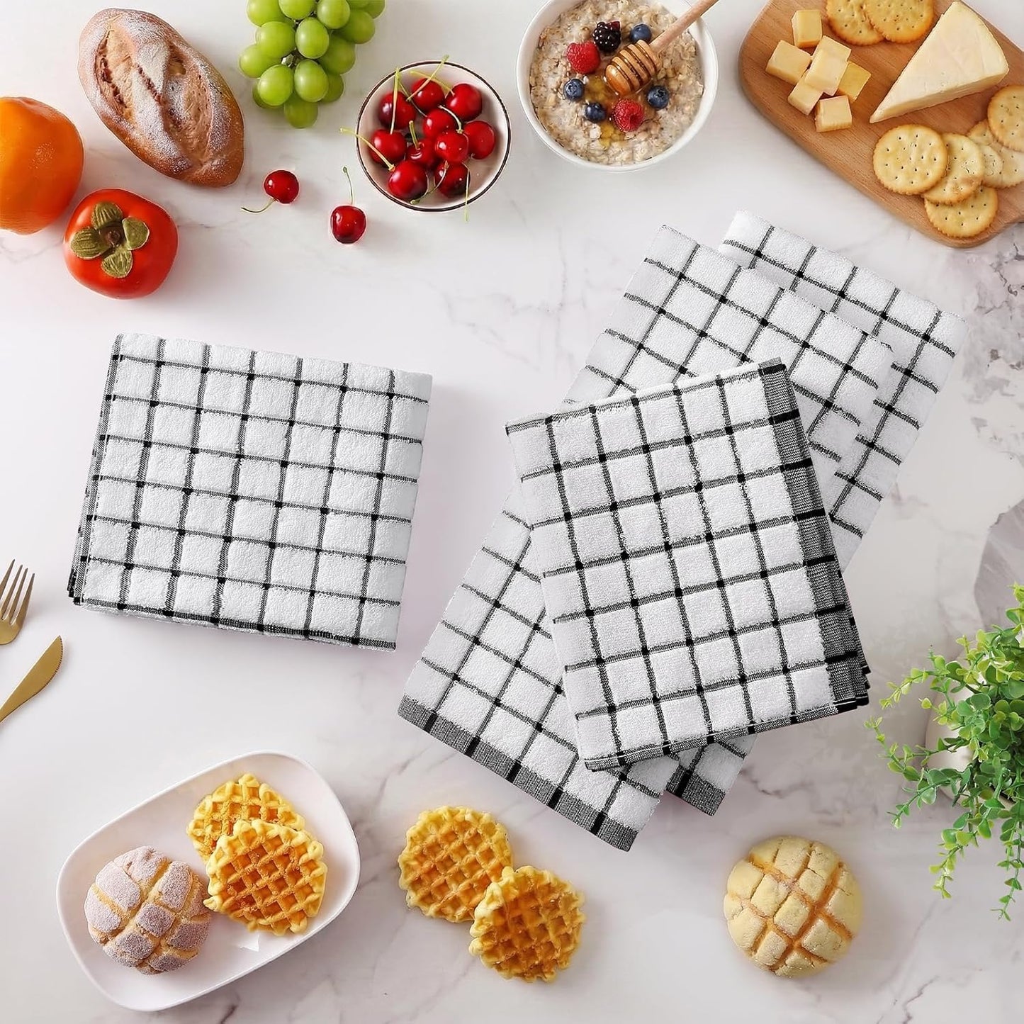 Homaxy Premium Kitchen Towels(16”x 28”, 6 Pack), Large Ring Spun Cotton Dish Towels, Super Absorbent Soft Terry Kitchen Hand Towels, Check Design Tea Towel Set with Hanging Loop, Black