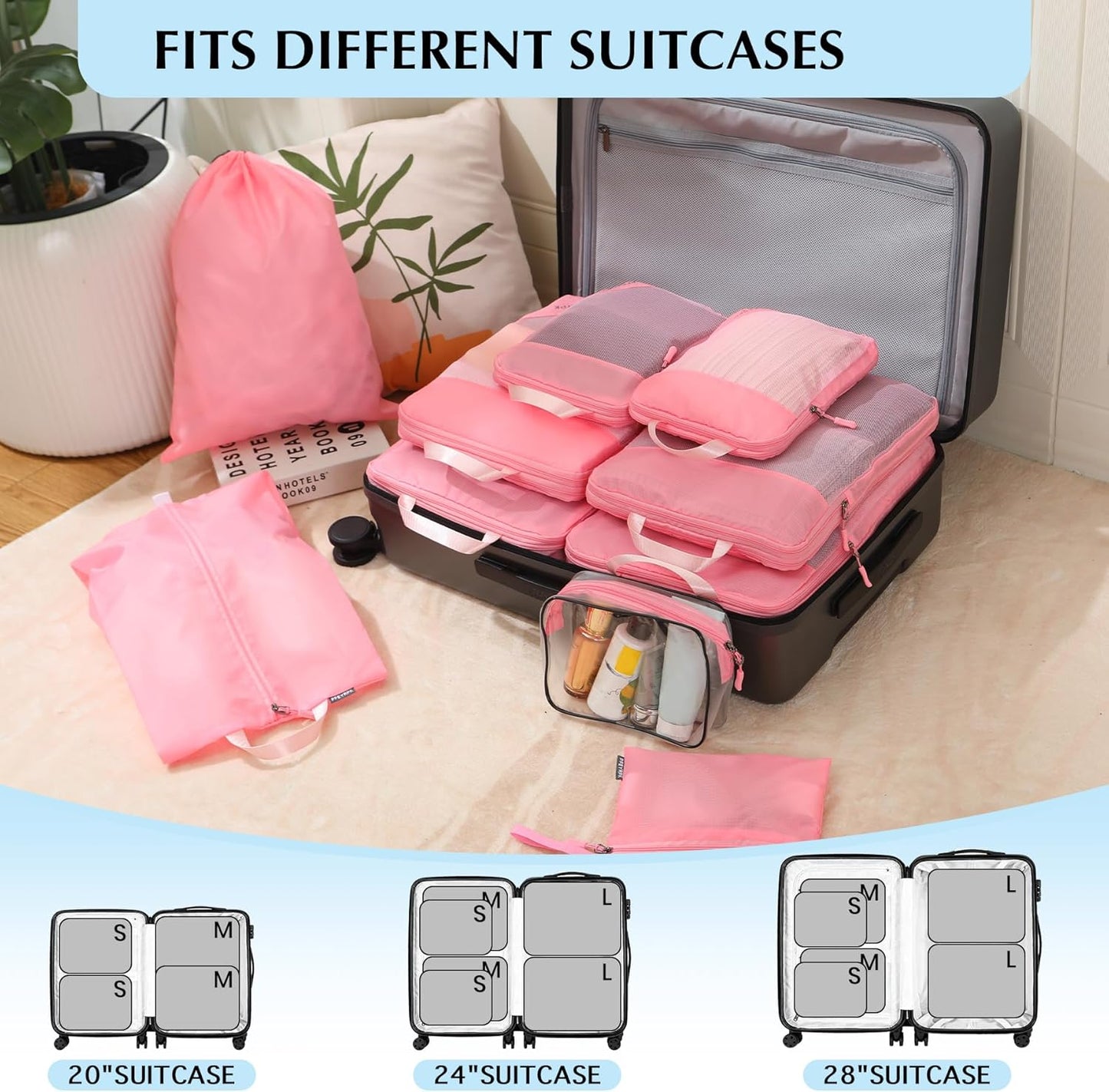 PFEYRPK Lightweight Compression Packing Cubes for Suitcases, Compressible Expandable Travel Packing Organizer with Clear Toiletries and Backpack Bag, Travel Essentials for Carry on Luggage 7 Set